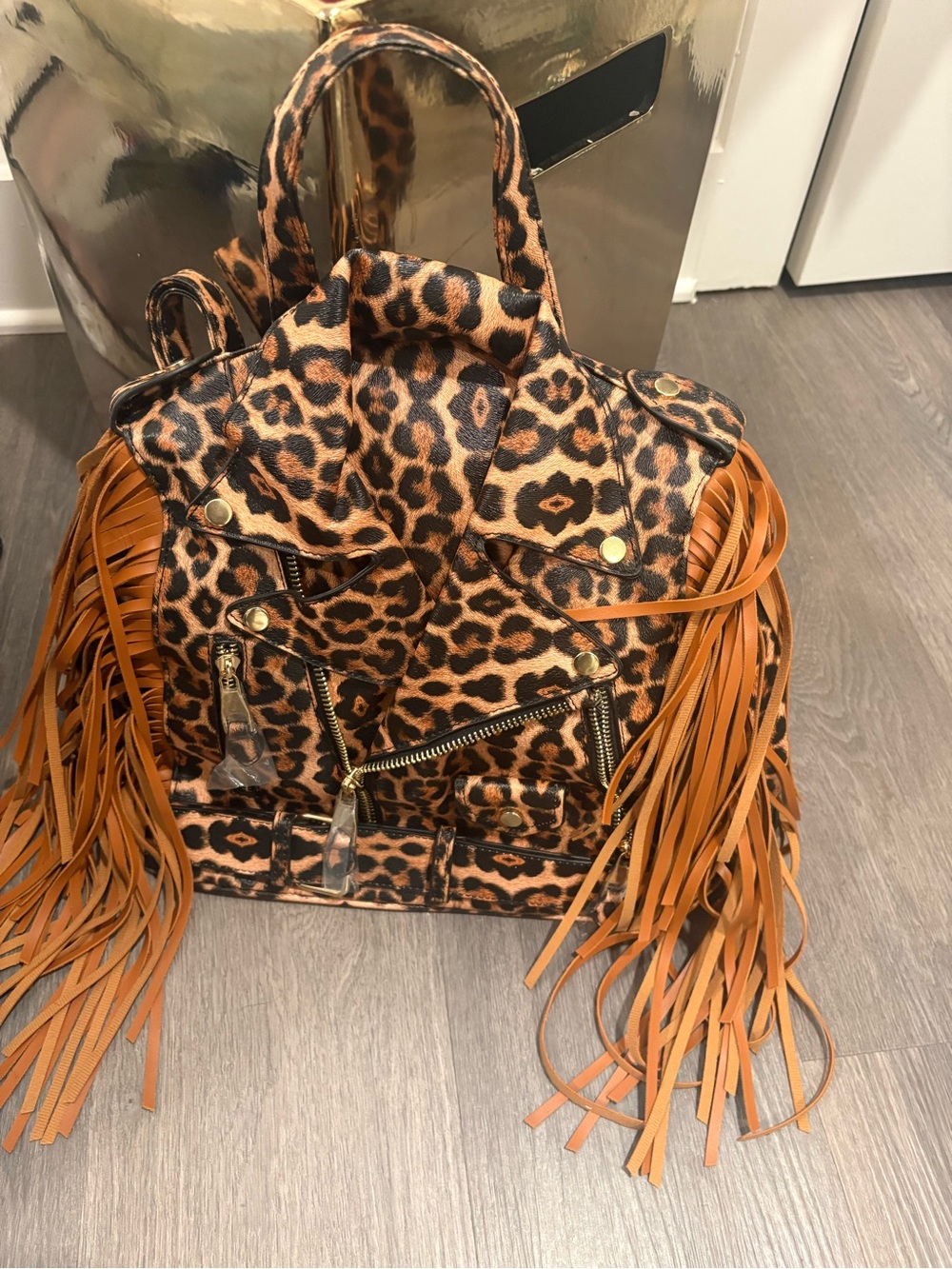 Leopard Print Fringe Backpack Tote - Brown